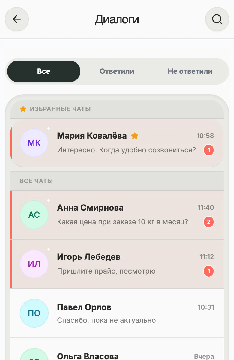 Раздел «Диалоги» в кабинете: вкладки «Все», «Ответили» и «Не ответили», ответы клиентов со временем — «Интересно. Когда удобно созвониться?», «Какая цена при заказе 10 кг в месяц?», «Пришлите прайс, посмотрю»
